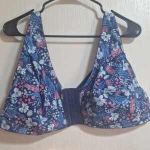 Floral Front-Closure Wireless Bra in Navy with Pink & Light Blue Accents
